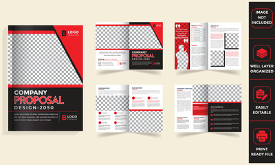 Modern company proposal brochure, Catalog, Brochure, Or Magazine template with a professional red, black, and white theme, featuring structured layouts for services, history, and contact details