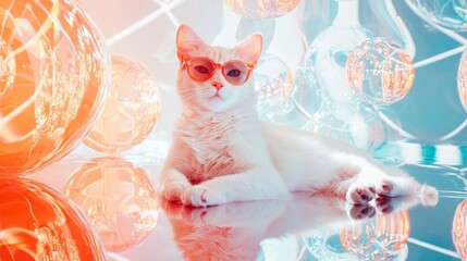 Stylish cat with sunglasses in futuristic setting