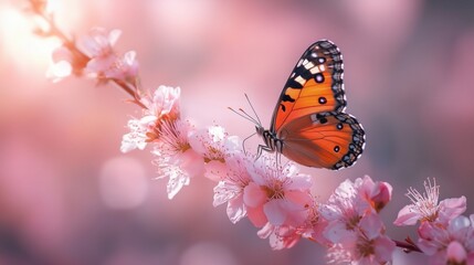 Obraz premium Delicate Butterfly on Blooming Spring Flowers