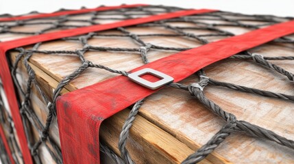 Sturdy wooden crates secured with red straps, showcasing a clean, industrial storage environment