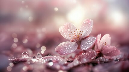Delicate Pink Cherry Blossoms with Dew Drops - A Springtime Beauty
