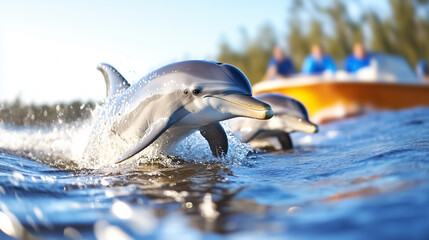 Obraz premium Dolphins are playfully riding the waves near a boat during a bright sunny day. Their lively movements create splashes in the water, highlighting their joy and freedom in the ocean