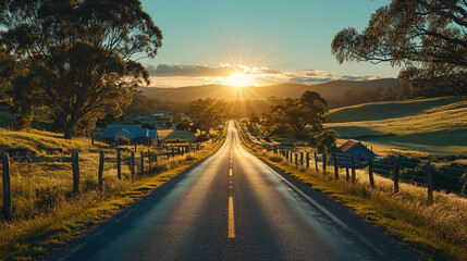 Fototapeta premium quiet rural highway bathed in golden light of dawn, with serene countryside views