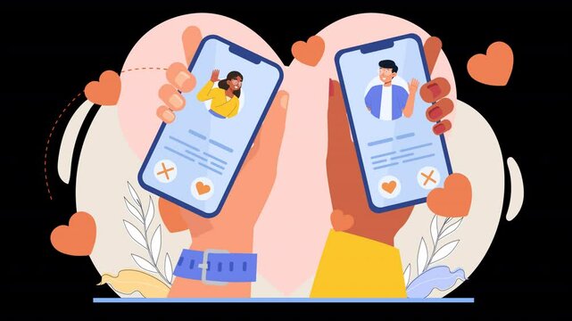 Represent online dating through 2D flat character animation. Characters create profiles, match with others, and engage in conversation within dating apps, all in a sleek, simple style.