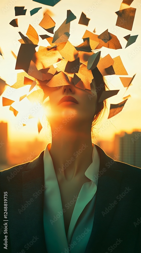 Poster abstract depiction of a person experiencing mental overload, with fragmented thoughts symbolized by 