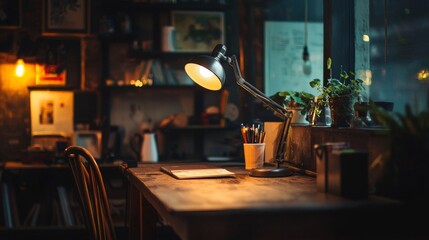 Cozy evening workspace with warm lighting