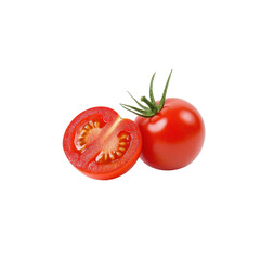 Fresh tomato and sliced tomato, white isolated background.