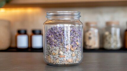 A simple glass jar packed with dry herbs sits elegantly on a table, showcasing a pastel mix of colors and evoking a sense of natural tranquility.