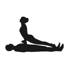 Yoga for two. A collection of yoga poses. Pose - dogs face up