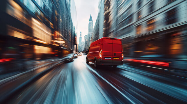 Red modern cargo van driving fast city road for express delivery service, business logistics and distribution
