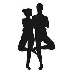 Yoga for two. A collection of yoga poses. The silhouette of a couple. The tree pose