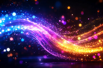 Fototapeta premium Fiber Optic Cables in Motion Creating Dynamic Patterns of Light and Color in a Dark Setting, Close-Up Vibrant Shot of Reflecting Fiber Optics