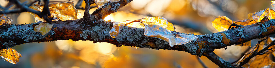 Fototapeta premium Lichen-Covered Branch with Translucent Autumn Leaves