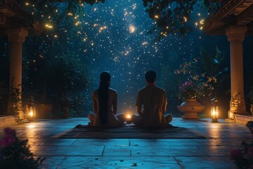 Couple meditating, night garden, stars, romance, serenity