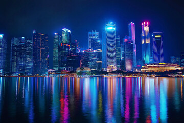 Naklejka premium City skyline at night, Vibrant city skyline at night, captivating 4K wallpaper with colorful lights and dynamic urban atmosphere