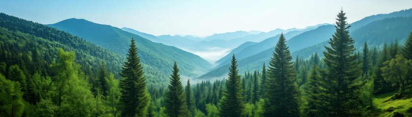 Fototapeta premium Expansive Mountain View with Lush Trees and Foggy Valley Landscape
