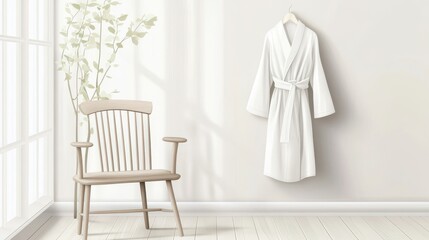 Elegant White Robe and Wooden Chair in a Calm Interior Design