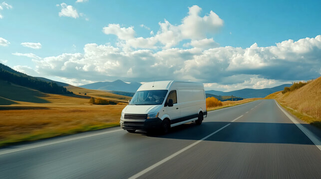 White modern cargo van driving rural country road for express delivery service, business logistics and distribution