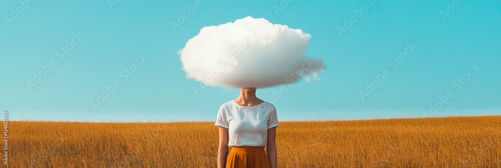 Poster surreal image of a young woman standing in a golden wheat field with a large, white cloud replacing 