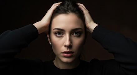 Fototapeta premium Intense Portrait of Woman with Hands on Head in Dim Lighting, Expressing Contemplation and Focus
