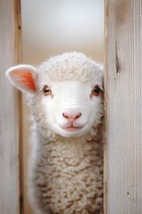 Charming Lamb Peeking Through Wooden Fence, close-up adorable view, Generated AI