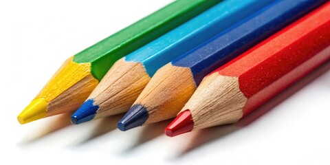 Vibrant blue, yellow, red, and green pencils arranged artfully against a stark white backdrop.