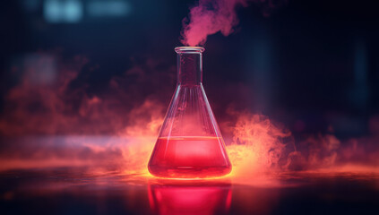 A vibrant red liquid fills an Erlenmeyer flask, surrounded by swirling smoke, indicating an active chemical reaction in a modern lab