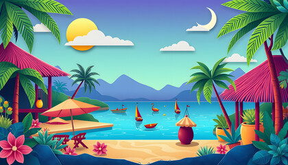 Obraz premium Fun + colorful + exotic + tropical place setting, flat papercut style. with white shades