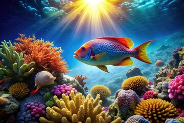 Obraz premium Vibrant foxfish and colorful coral flourish in a thriving underwater ocean scene.