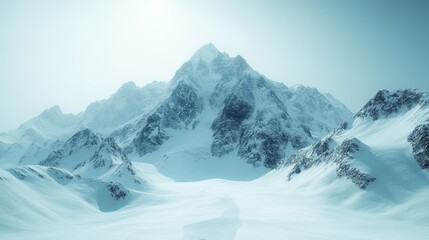 Obraz premium Snowy mountain peak, winter landscape, serene valley, background sky, travel poster