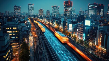 Obraz premium Night city train with digital data stream.