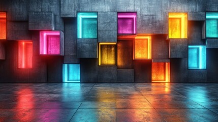 Neon lights in colorful cubes on a concrete wall.