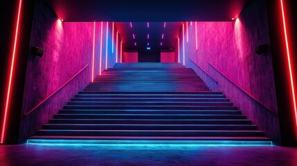 Neon-lit staircase leading to entrance.