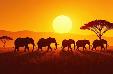 A Herd of Elephants Marching at Sunset on an African Savannah. World Wildlife Day. Generated AI