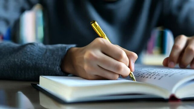 A close-up of a person writing with a gold pen while reading a book, symbolizing focus, learning, and academic dedication. The setting suggests a study session in a library or classroom