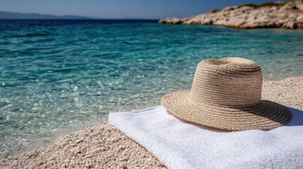 A straw hat sits gracefully on a white towel by the sparkling turquoise sea, under a clear blue sky, embodying serene summer relaxation.