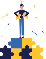 Business concept. Team metaphor. People connect puzzle elements. Flat illustration in flat design style. Teamwork, collaboration, partnership. Businessmen working together and moving towards success.