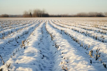 Snow-covered winter field rows, rural landscape, sunset