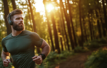 Obraz premium Man Running in Forest with Headphones at Sunrise Light