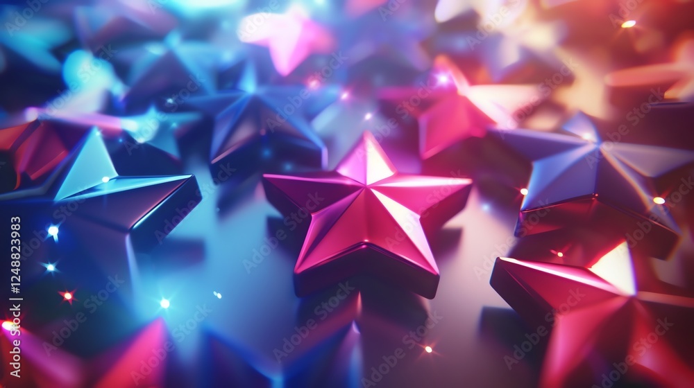 Wall mural an abstract image of a cluster of metallic stars in different colors, lit with a colorful glow.