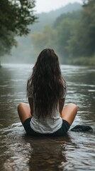 Woman sitting in water meditating while looking at trees in a serene natural environment