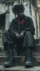 Man with dreadlocks wearing avant-garde streetwear in urban environment realistic photography