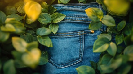 Pair of baggy jeans with a pocket full of colorful leaves on a plain background for creative use