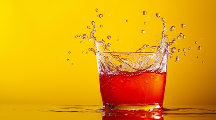 Red liquid splash in mid-air against yellow