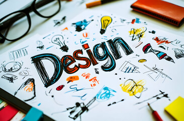 Creative design concept with hand-drawn lettering, doodles and artistic tools showcasing the visual representation of ideas and inspiration