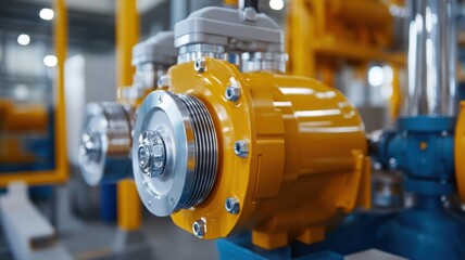 Industrial machinery with orange and silver components in a modern factory setting during daylight hours