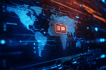 Futuristic blockchain interface display with global map - Decentralized network and cryptocurrency concept for business and finance