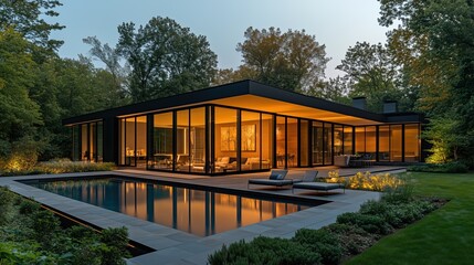 Obraz premium Modern Luxury Home with Pool and Garden at Dusk