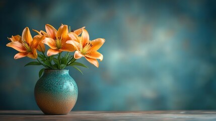 Orange lilies in a teal vase on a wooden surface.