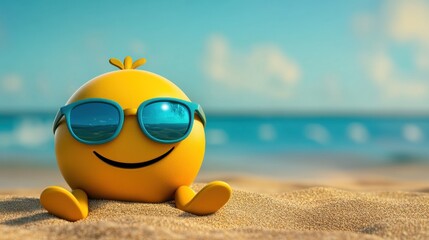 Obraz premium 3D human emoticon, chill, relaxed smile, sunglasses, summer background 